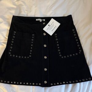 Rebecca Minkoff Black Grommet A-Line Button-Front Mini Skirt 100% Leather